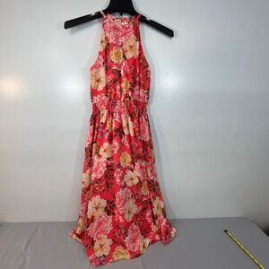 Vince Camuto Pink Floral Halter Midi Dress Smocked Waist Sleeveless summer